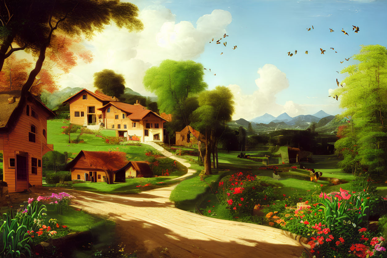 Scenic pastoral landscape with blooming flowers, quaint houses, birds, mountains, and clouds