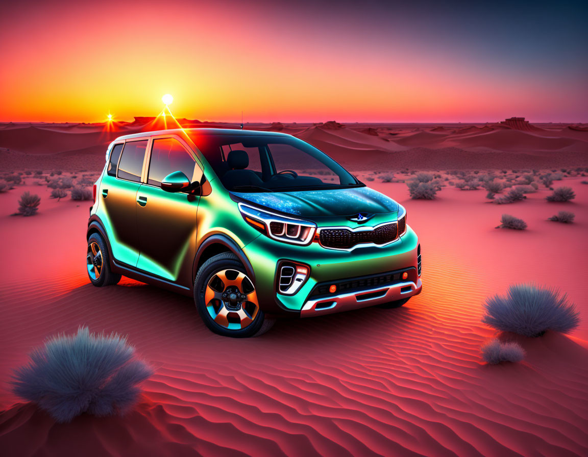 Colorful Car on Desert Dune at Sunset with Reflective Surface