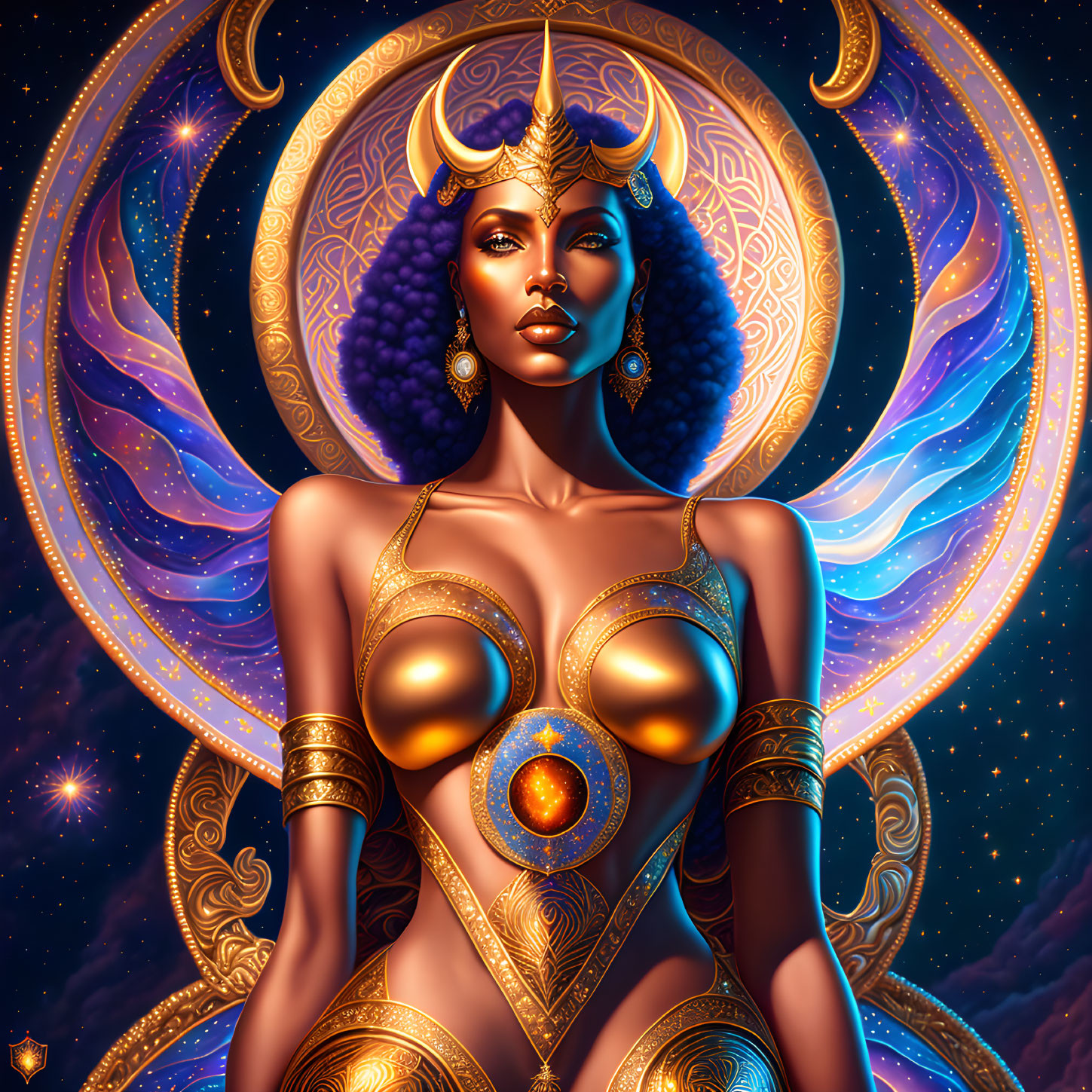 Digital portrait of woman with golden accessories, blue lips, and purple hair in cosmic setting.