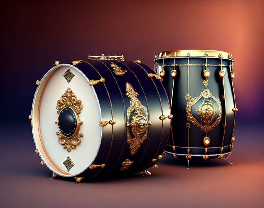 Ornate decorative drums with gold accents on gradient background