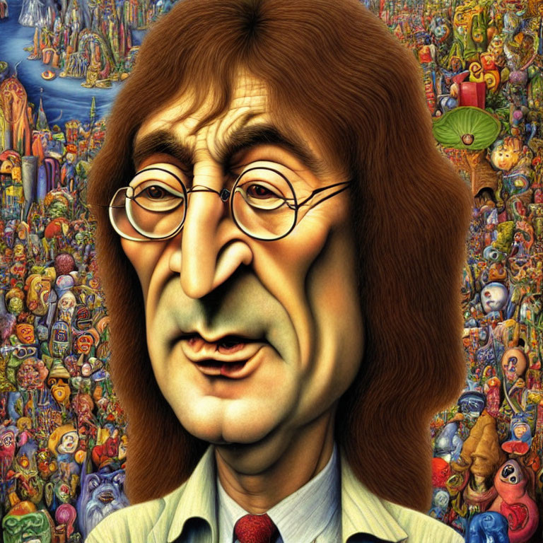 Vibrant caricature of a man in round glasses in surreal landscape