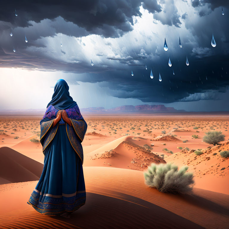 Blue Garment Figure Stands on Sandy Dune Under Dramatic Sky