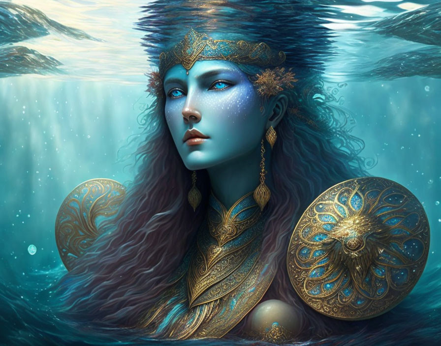 Blue-skinned woman in ornate gold accessories submerged in water