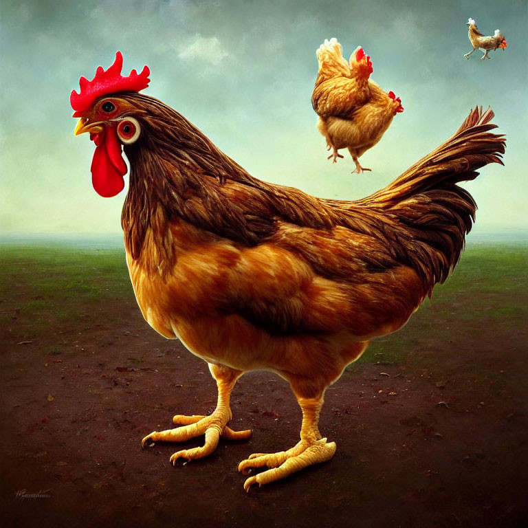 Surreal image: Large chicken with human-like hands in field