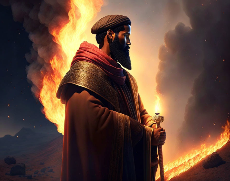 Digital artwork: Bearded man in historical attire with sword in fiery landscape