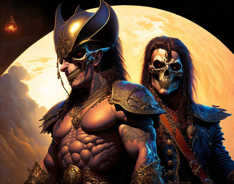 Fantasy warriors in ornate armor and skull masks under giant orange moon