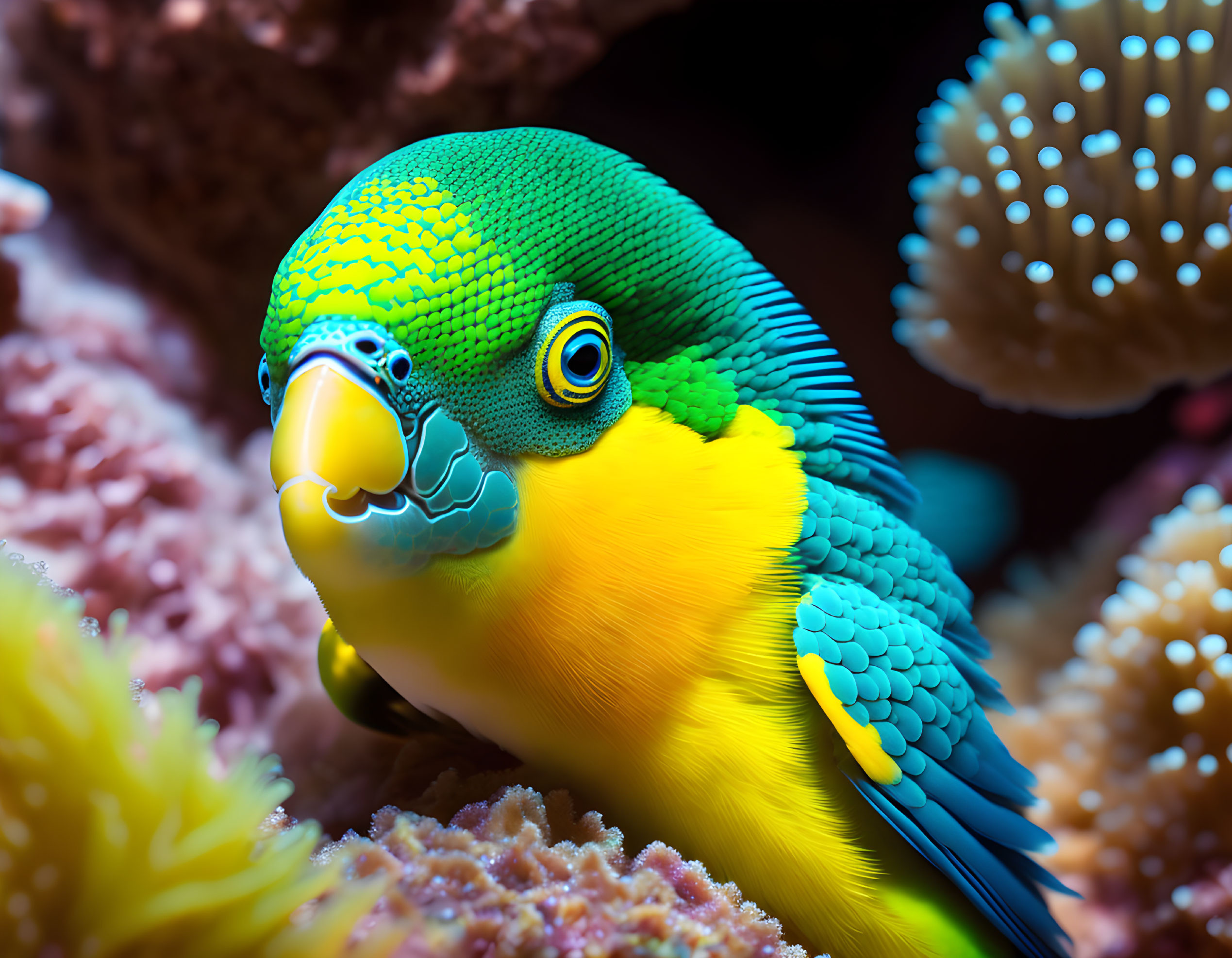 Colorful Parrotfish Close-Up Among Coral with Detailed Scales