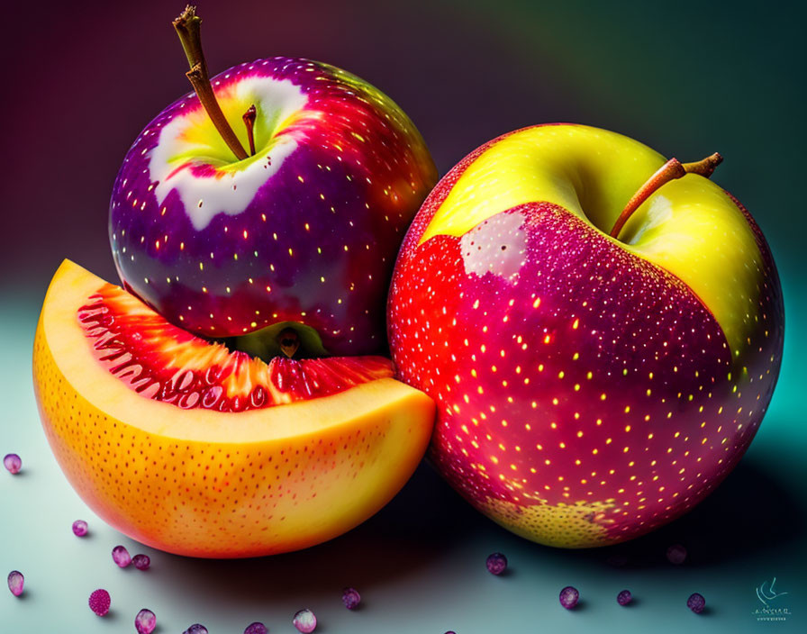 Vibrant digitally-altered apples with strawberry texture slice on shaded background