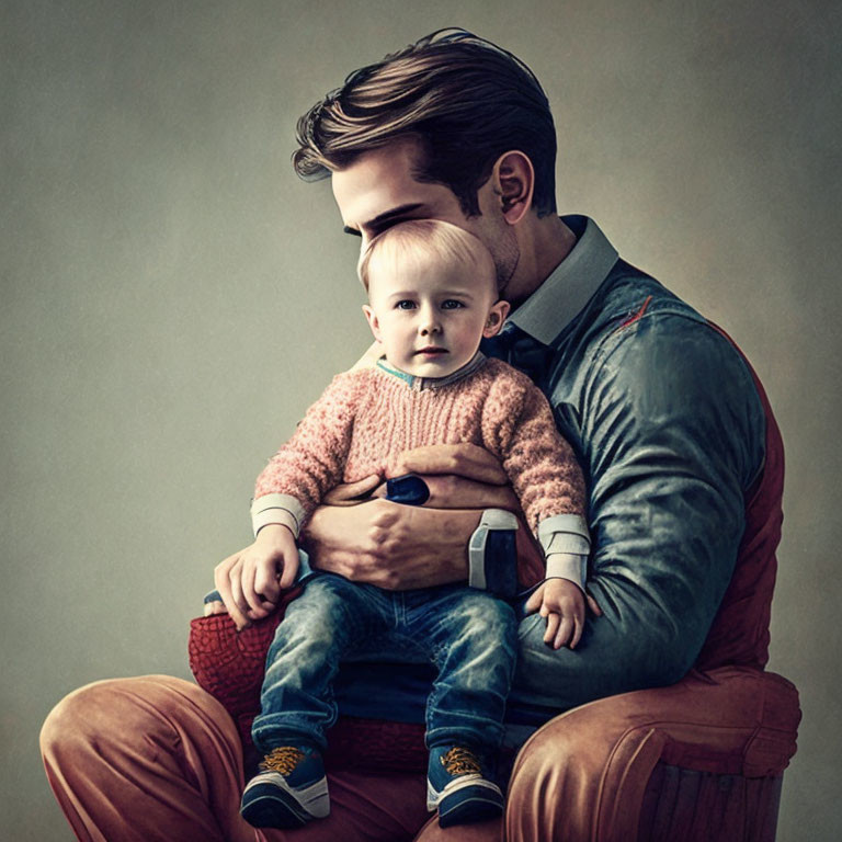 Father tenderly embraces thoughtful toddler on his lap