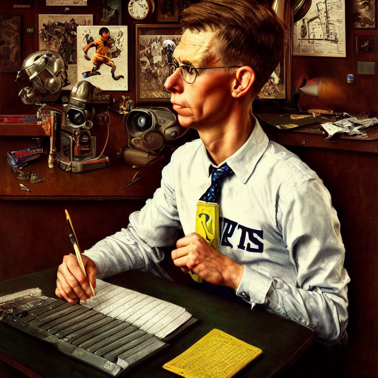 Man at cluttered desk surrounded by vintage items and eclectic decorations.