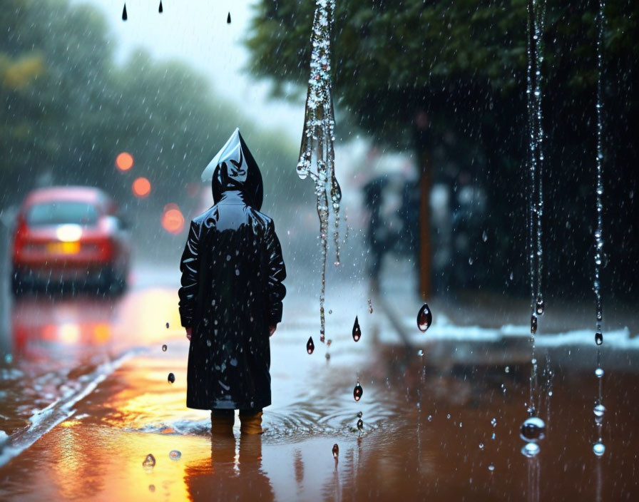 Child in raincoat stands on wet street with raindrops and reflections.