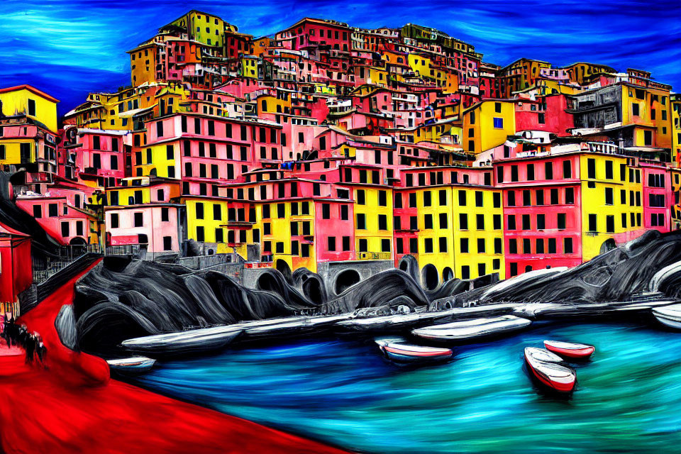 Colorful Expressionist Painting of Coastal Village & Boats