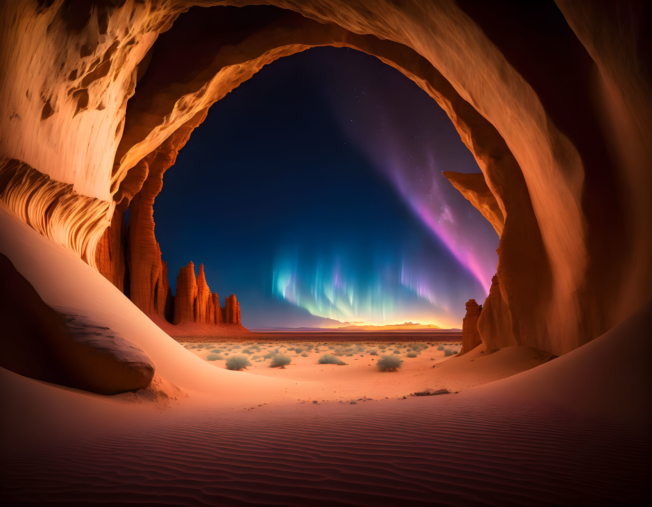 Surreal desert night with aurora borealis, cave, arches, and sand dunes