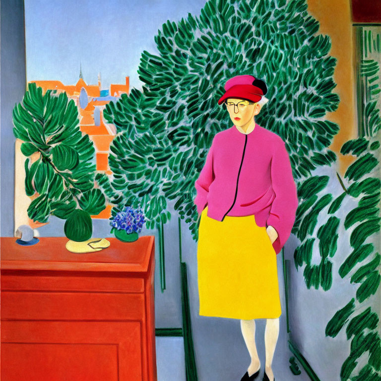 Vibrant painting of a woman in red hat and colorful attire in a room with plants and flowers