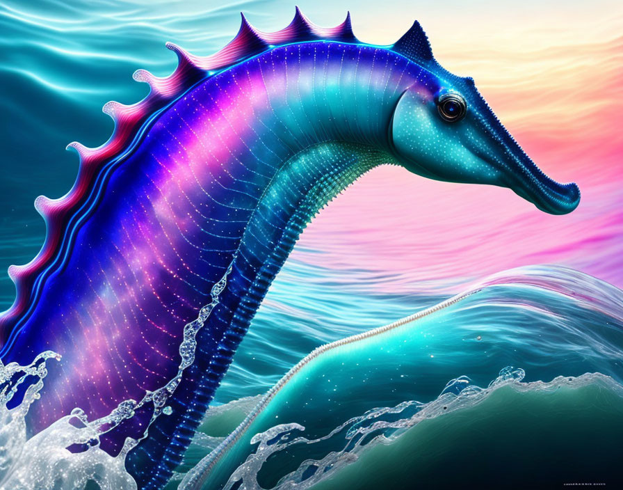 Colorful seahorse digital art with cosmic patterns in ocean waves