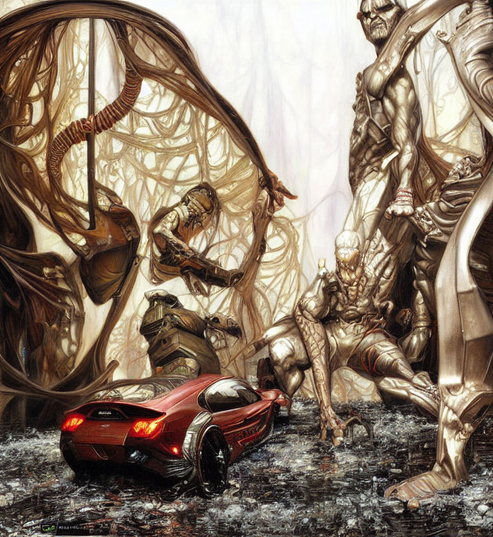 Red sports car in surreal landscape with giant humanoid figures and intricate structures.