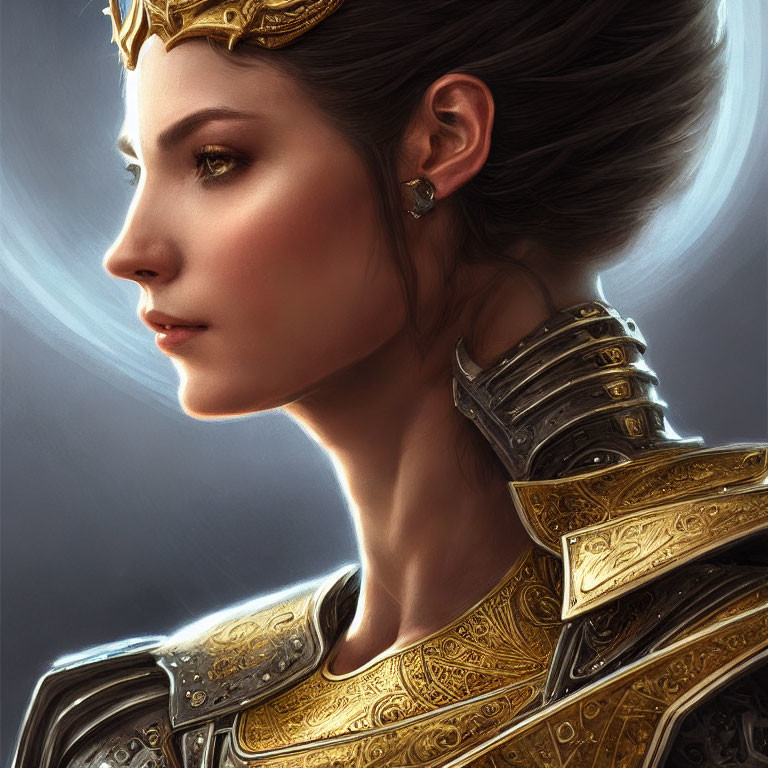 Regal woman in golden armor with crown and intricate earpiece