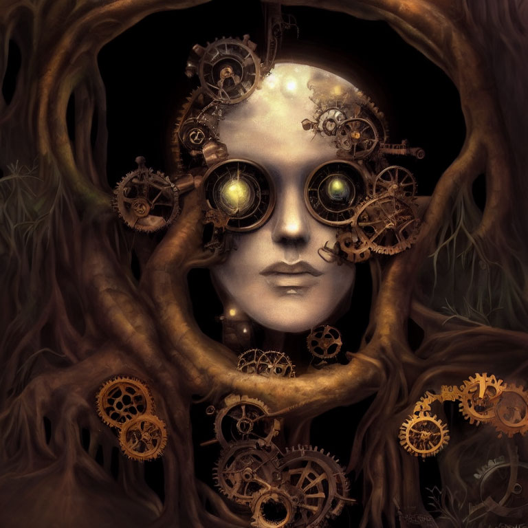 Steampunk-inspired artwork: Glowing goggles on face amid gears in dark, twisted tree.