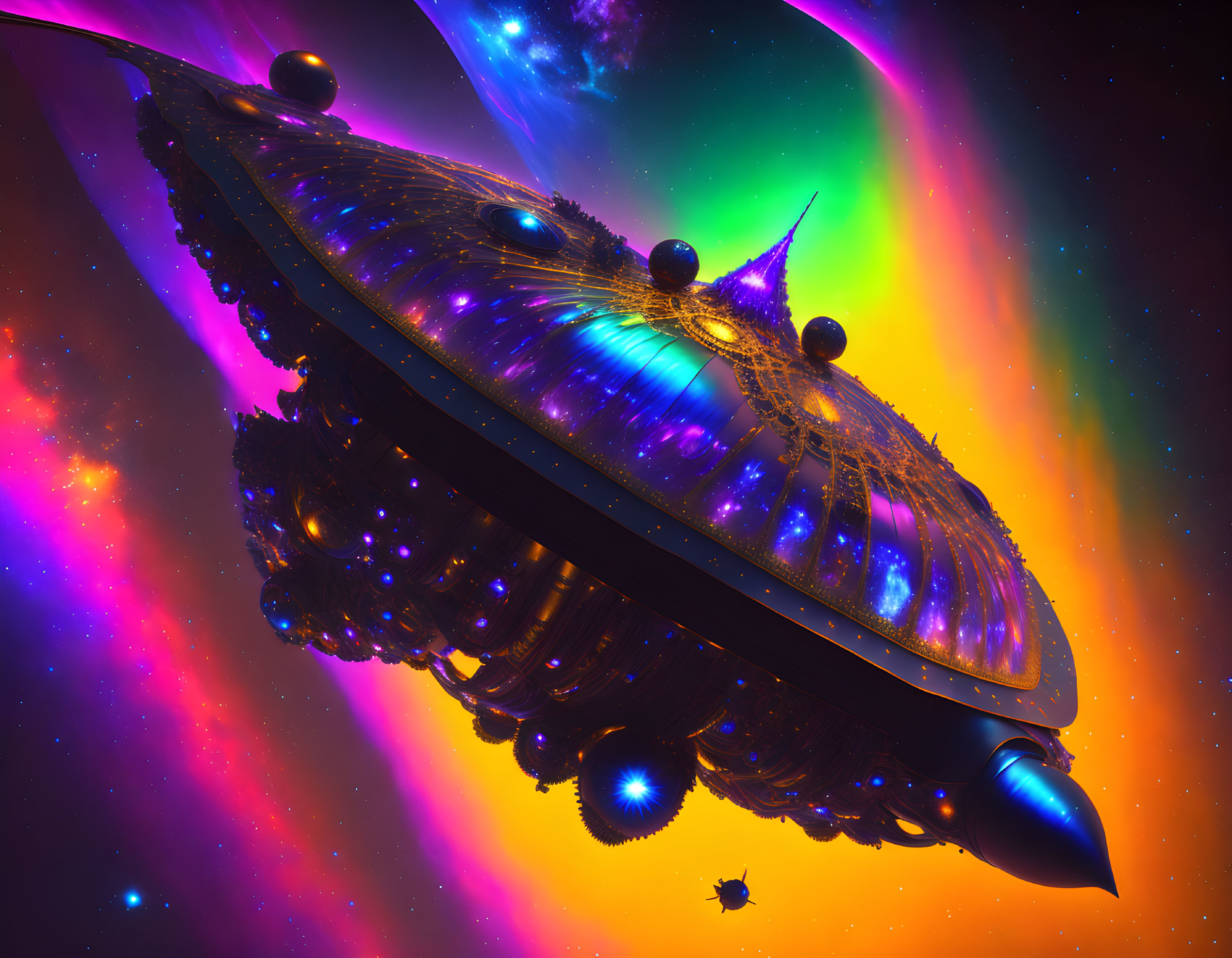 Futuristic spaceship artwork against colorful nebula