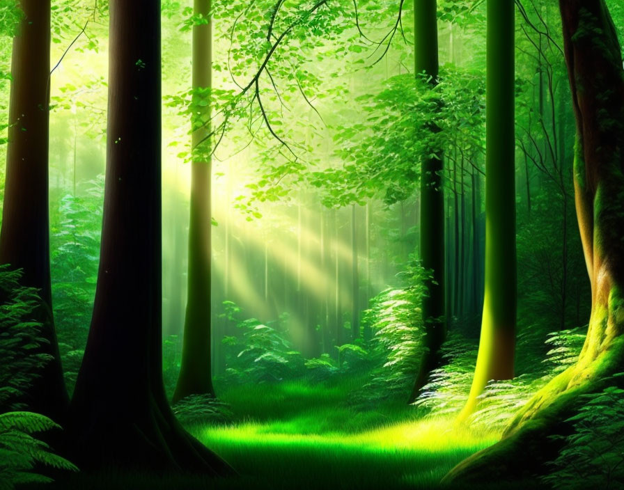 Vibrant green forest with sunlight rays on moss-covered trees