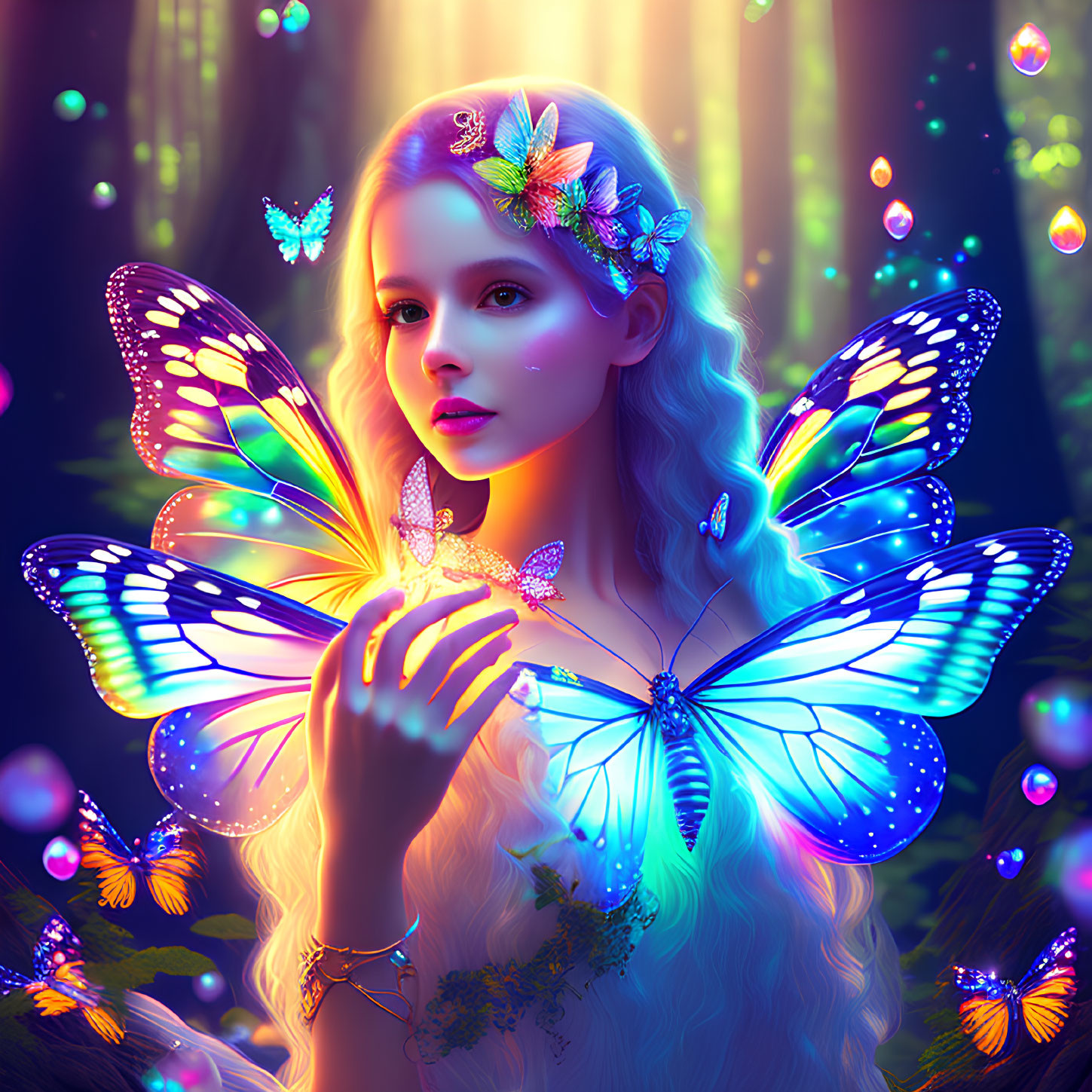 Mystical woman with glowing butterflies in enchanted forest