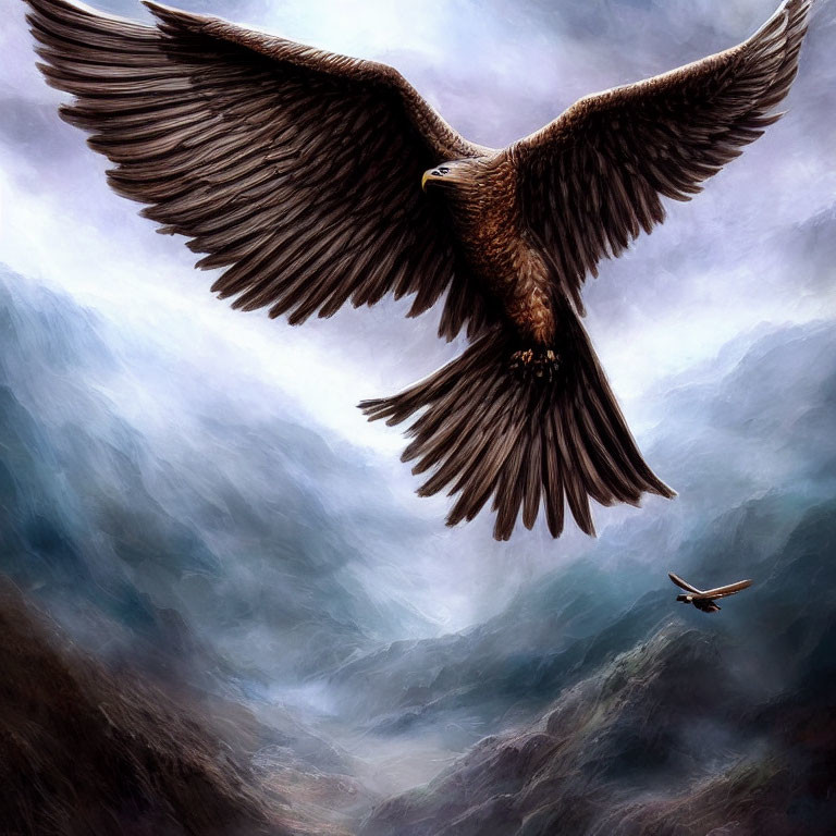 Majestic eagle soaring over misty mountains with smaller bird below