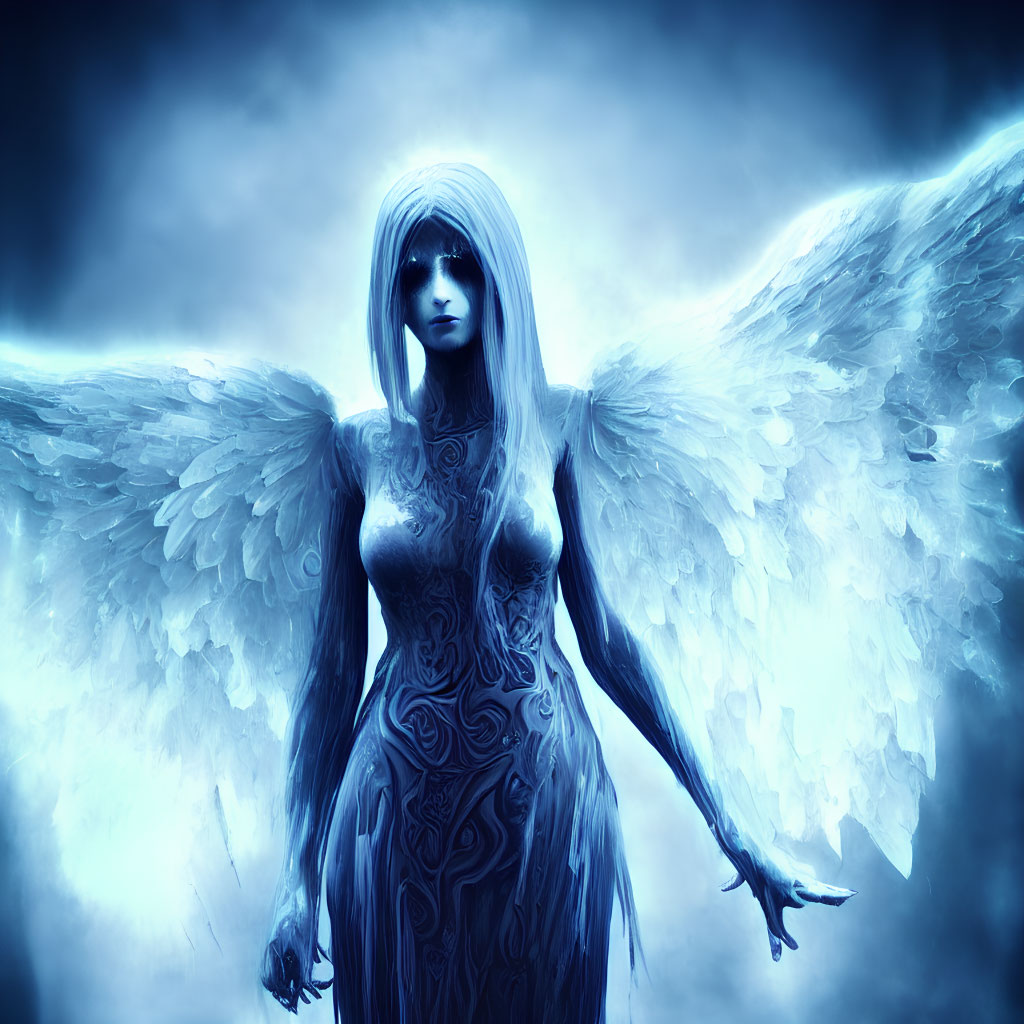 Luminescent figure with feathered wings in cool blue aura