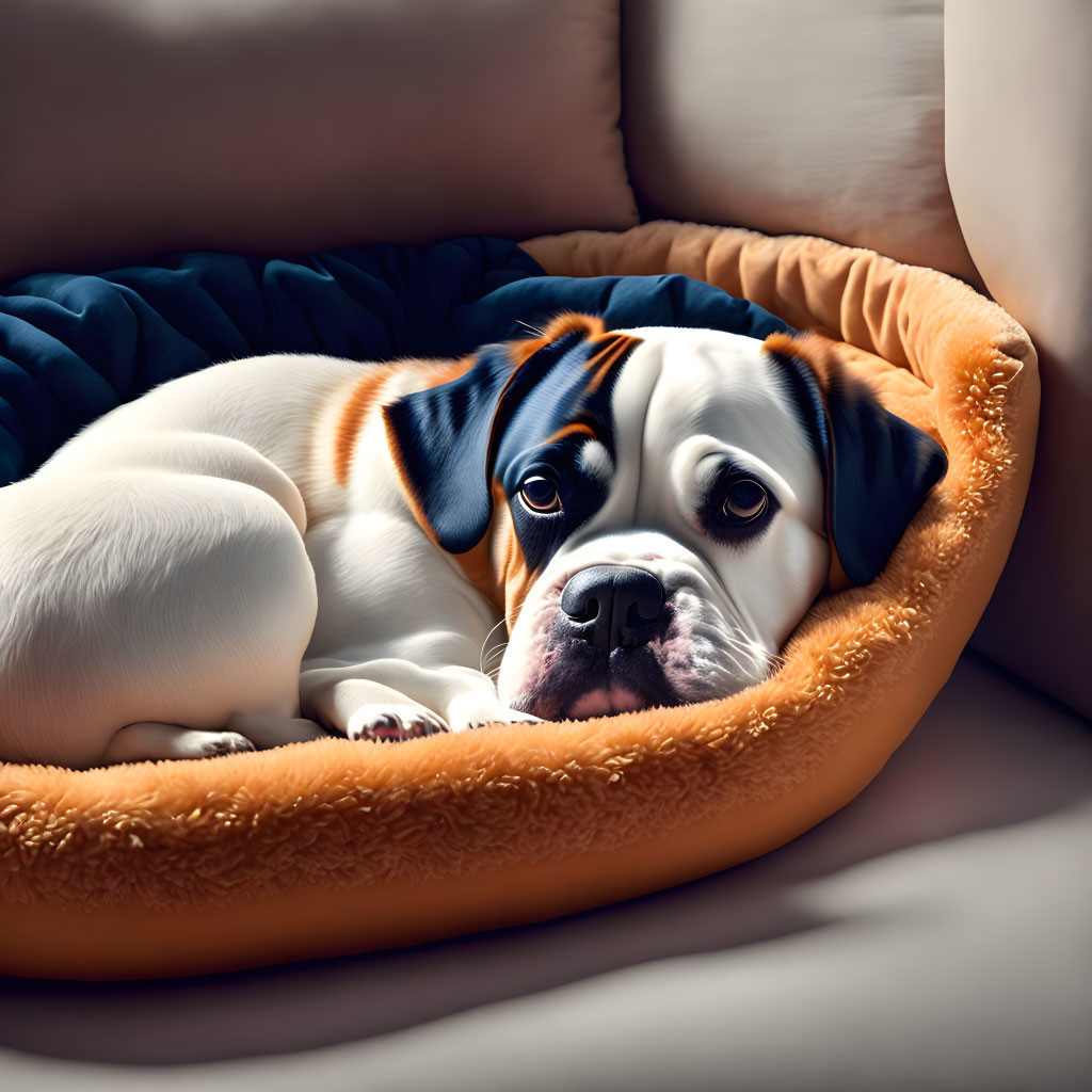 Black and Tan Marked Dog Relaxing in Plush Golden-Brown Dog Bed