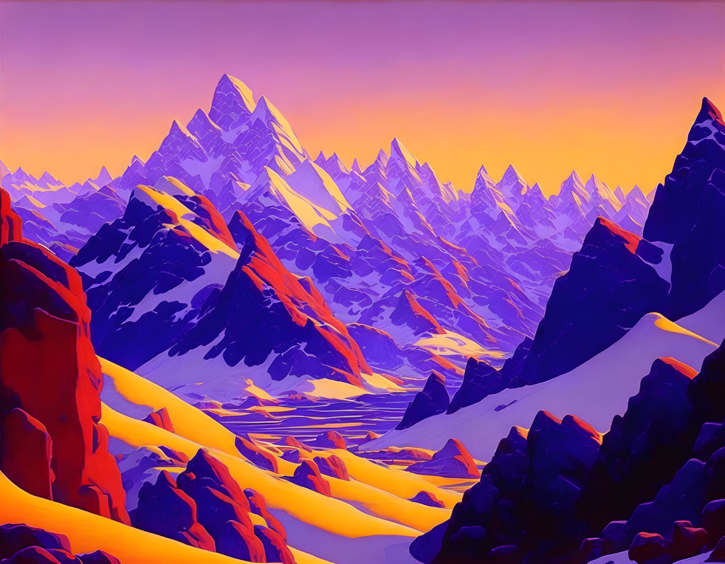 Colorful digital artwork of purple peaks and orange-lit snow in a mountainous landscape