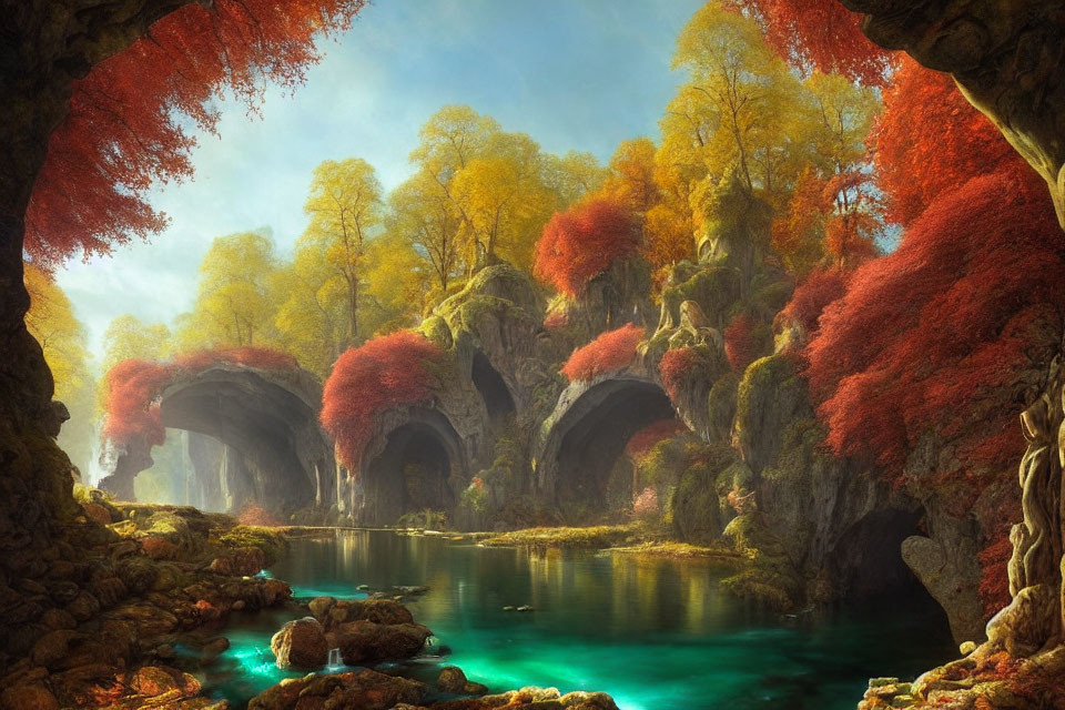 Tranquil autumn landscape with turquoise river and rocky cave