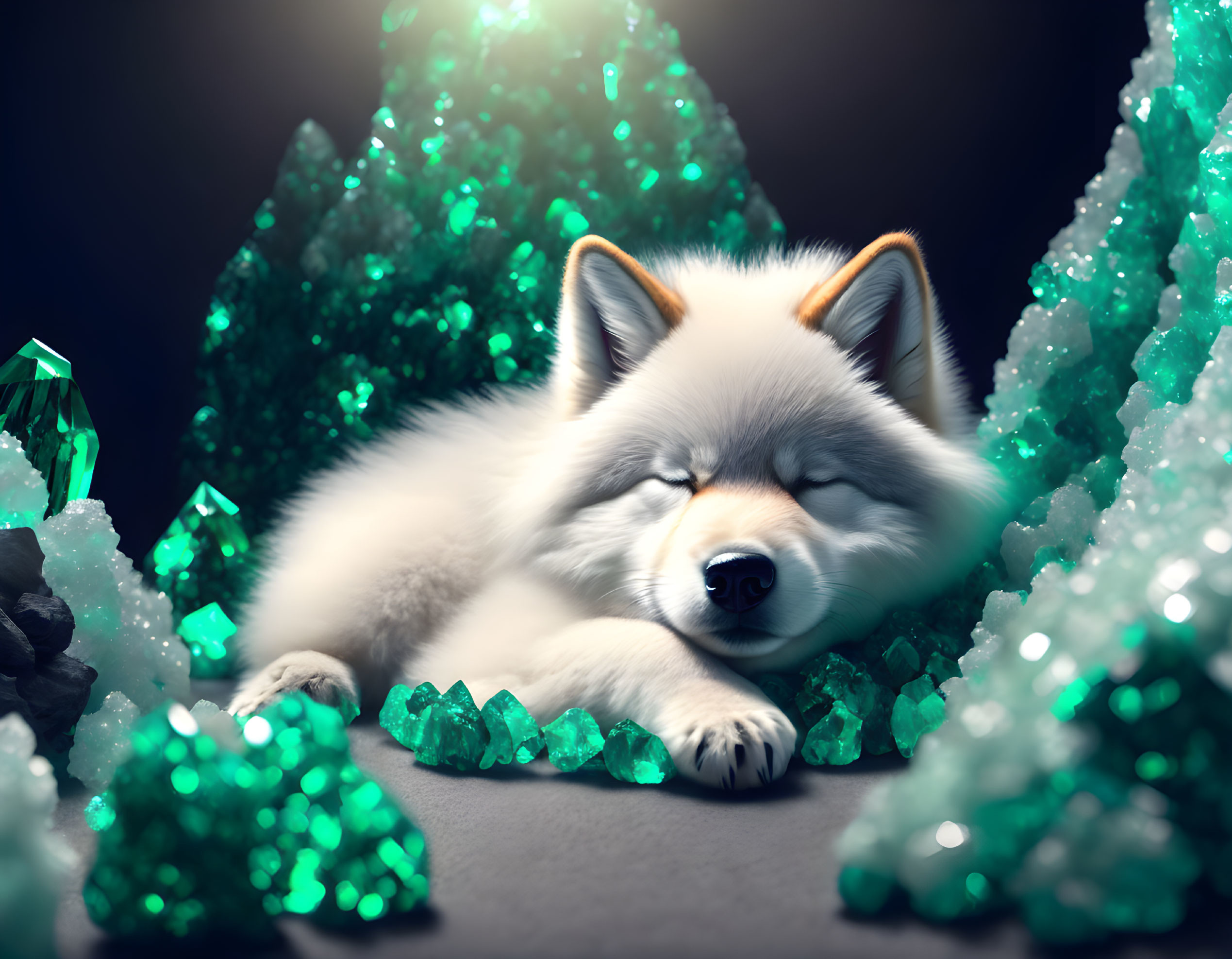 White Fox Sleeping Among Green Crystals in Serene Fantasy Scene