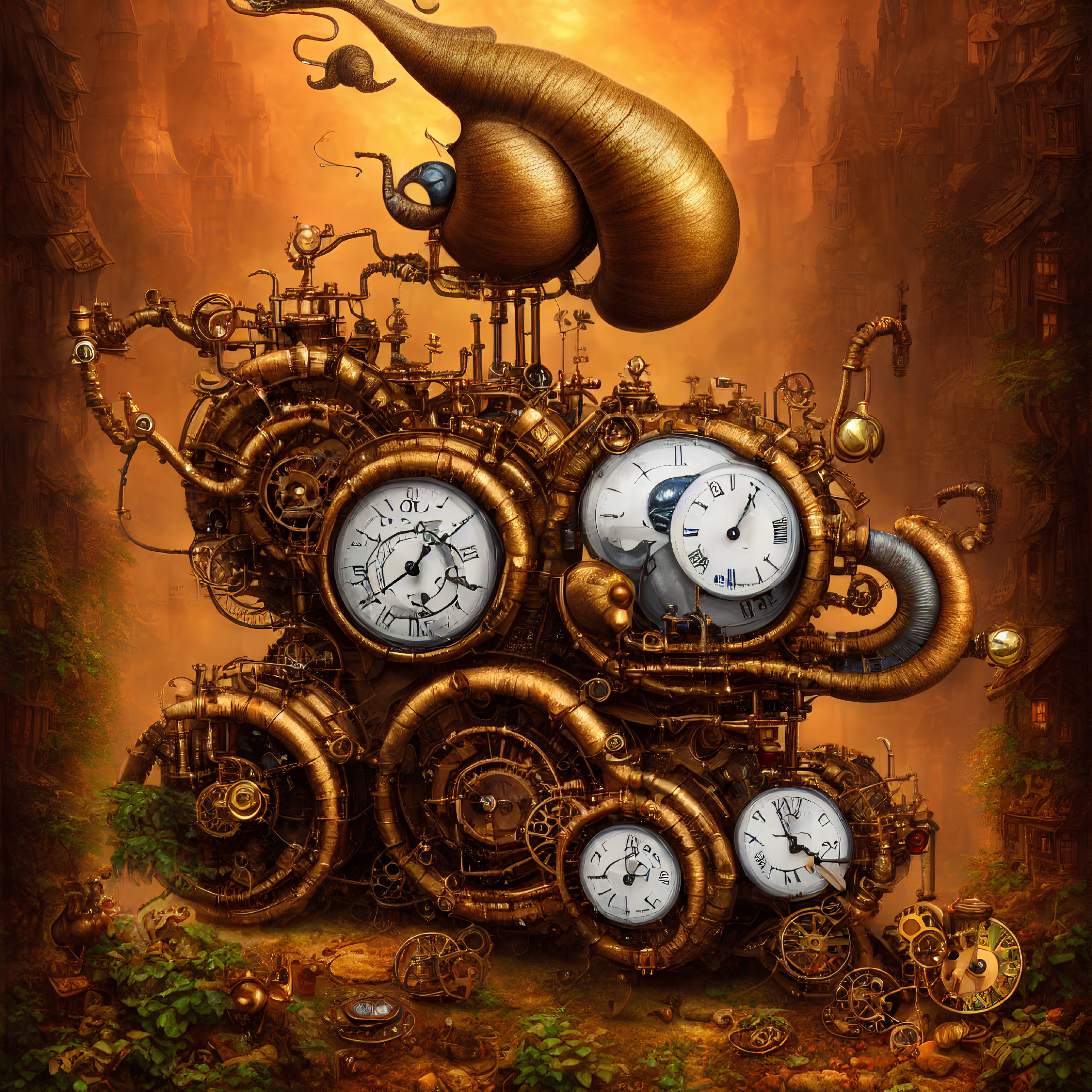 Intricate steampunk clockwork with gears, pipes, and clocks amid mysterious buildings