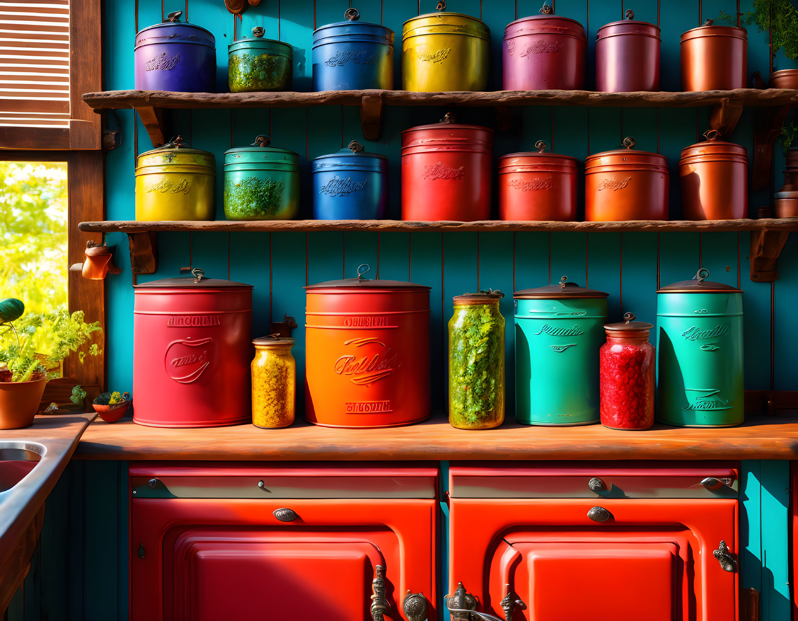 Colorful Vintage Tins Above Red Stove in Vibrant Kitchen