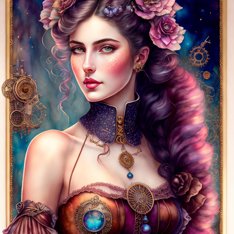 Fantasy portrait of woman with purple hair in steampunk attire