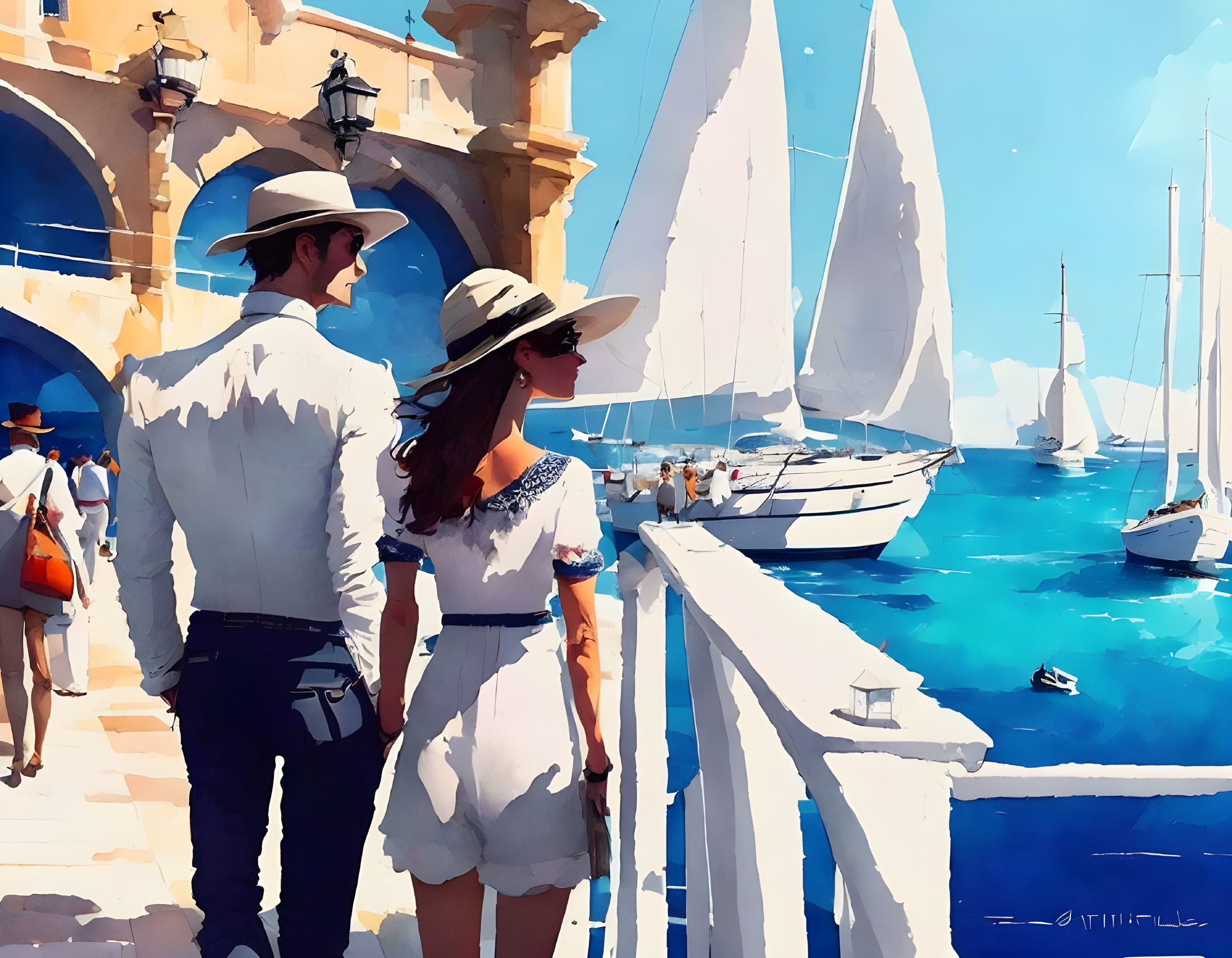 Couple in hats at sunny harbor scene with sailboats and architecture.