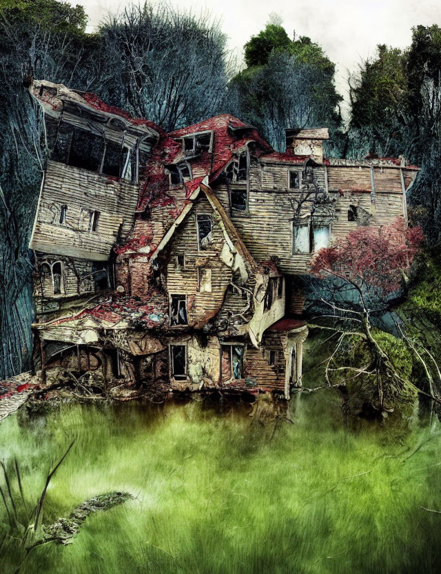 Decaying multi-story wooden house in overgrown greenery