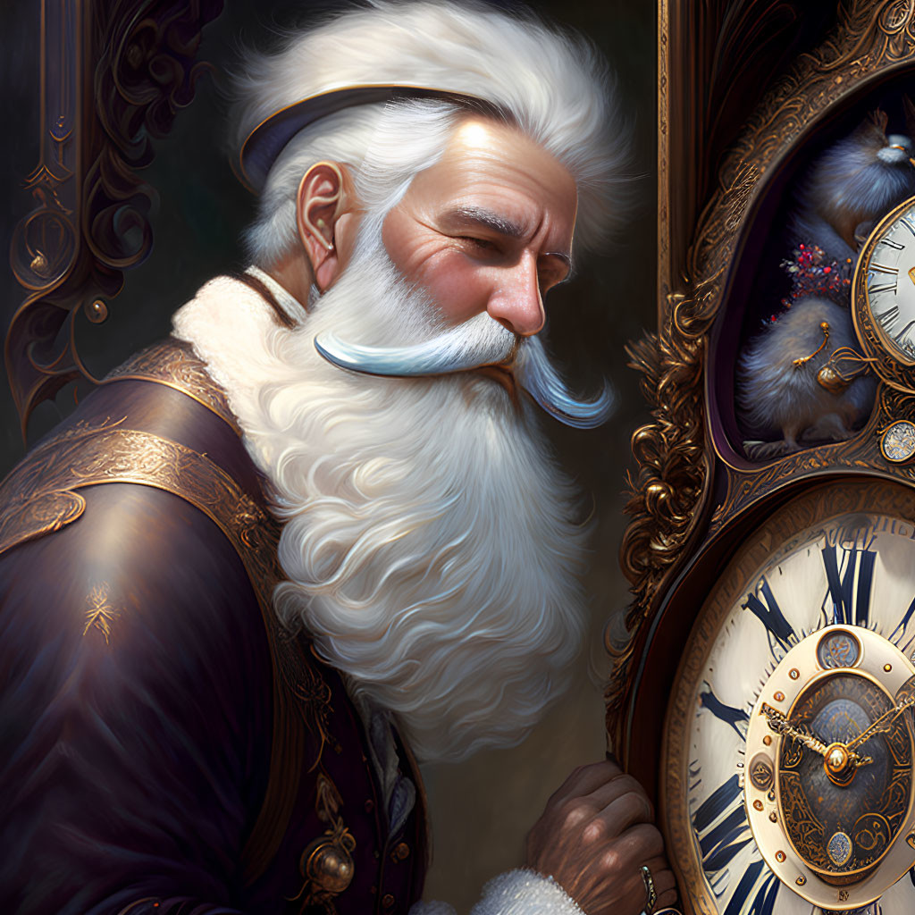 Elderly man with white mustache in renaissance attire next to ornate clock