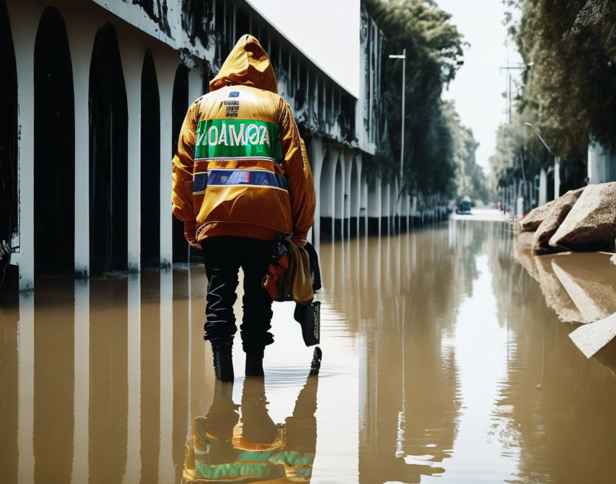 Rescue worker in yellow hi-vis jacket in flooded street scene