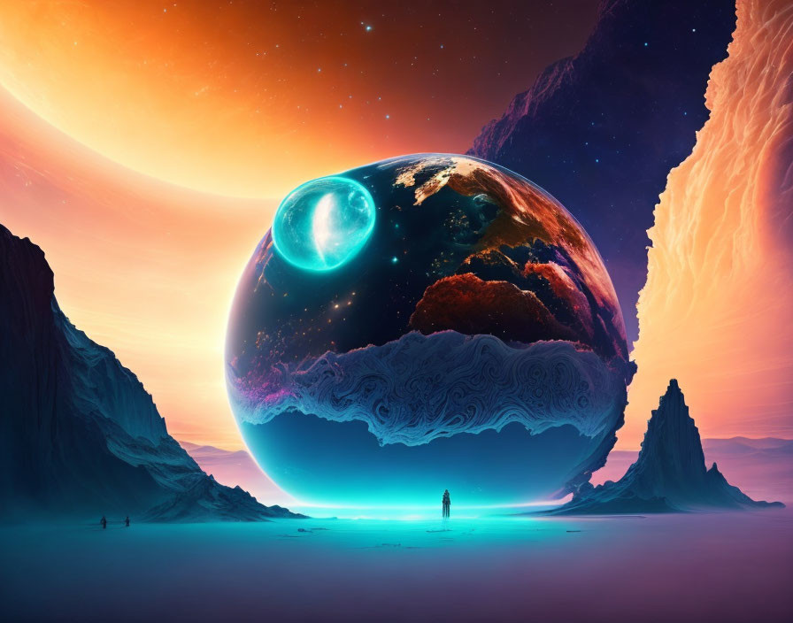 Vibrant surreal landscape with massive planet and colorful sky