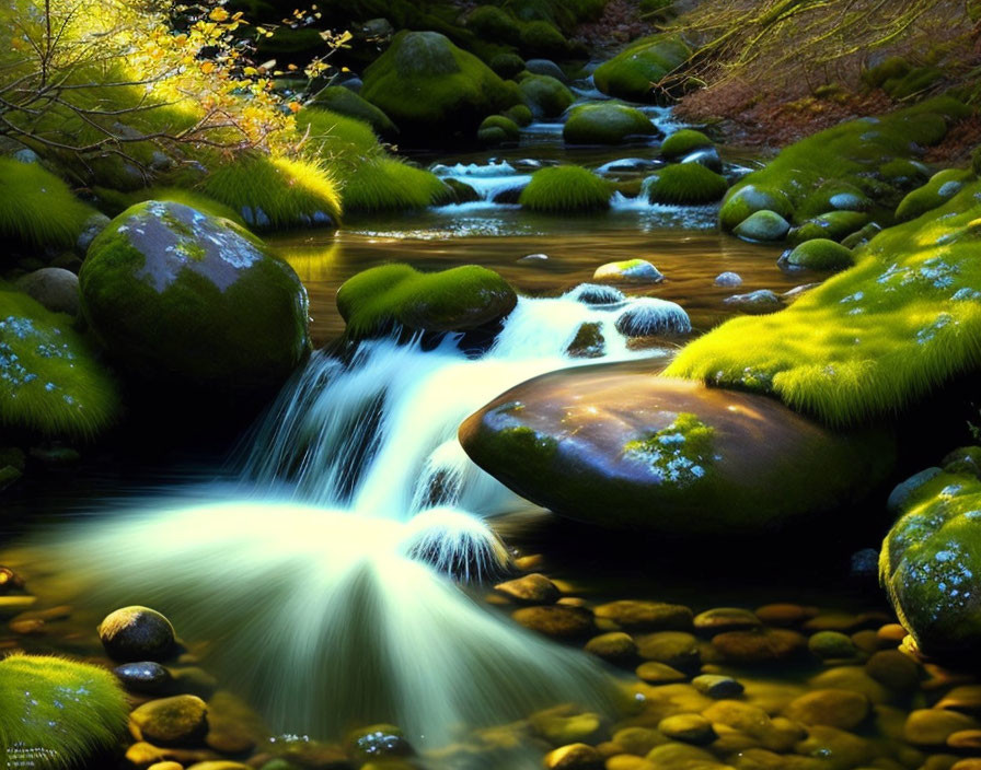 Tranquil forest stream with moss-covered rocks and small waterfall