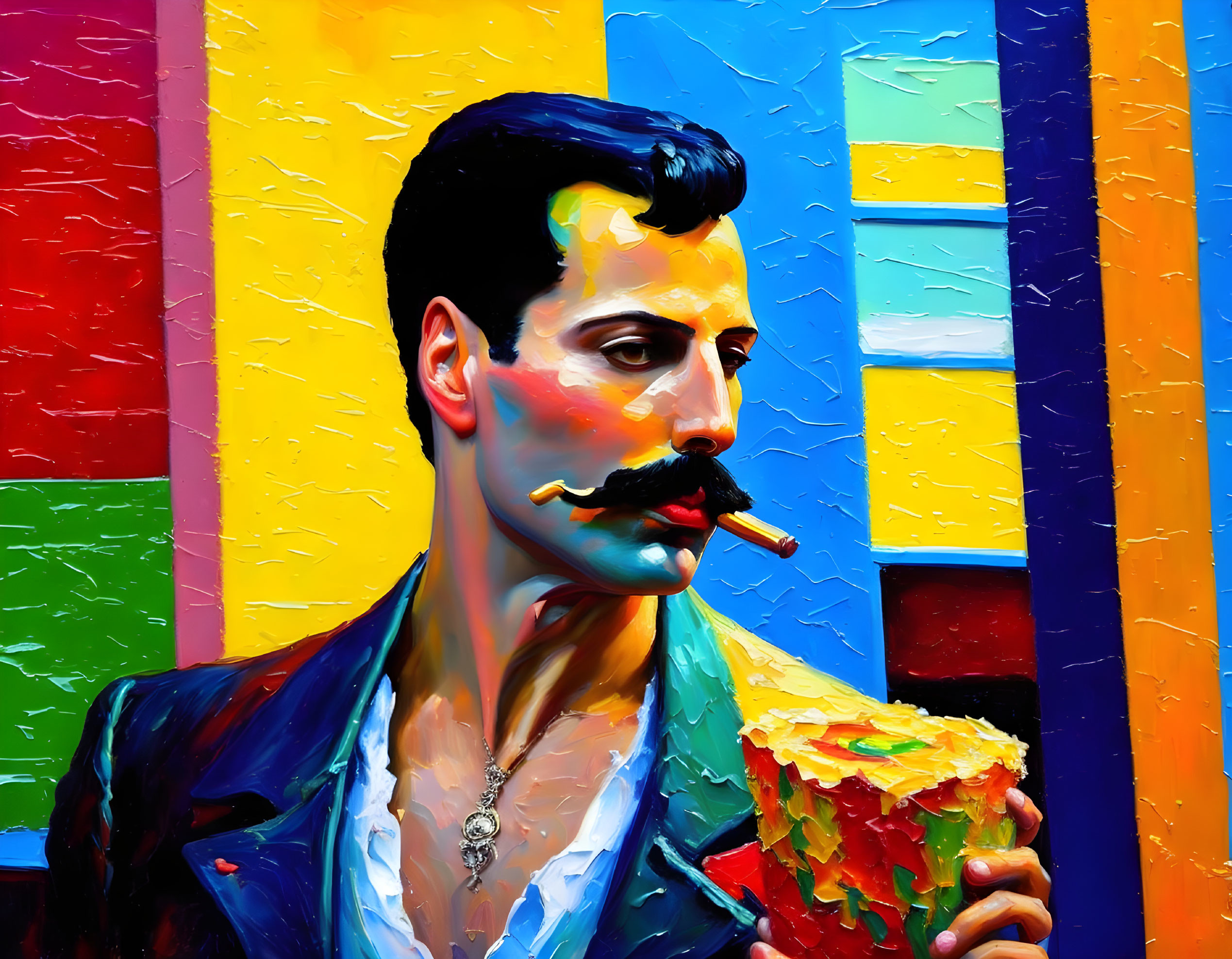 Colorful painting of a man in suit with mustache holding honeycomb on striped backdrop