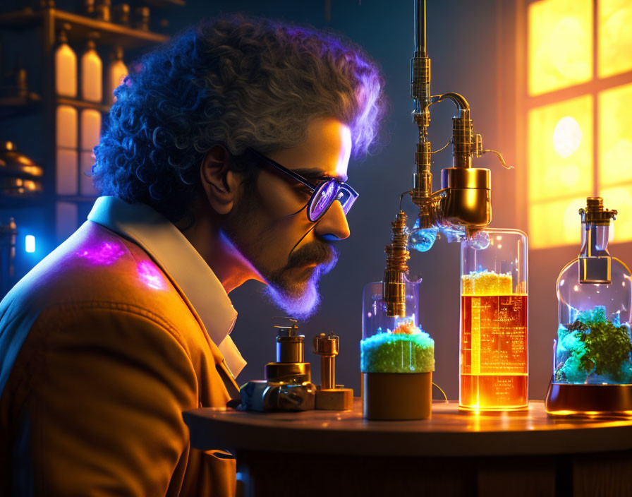 Curly-haired man studies colorful liquid experiment in moody lab