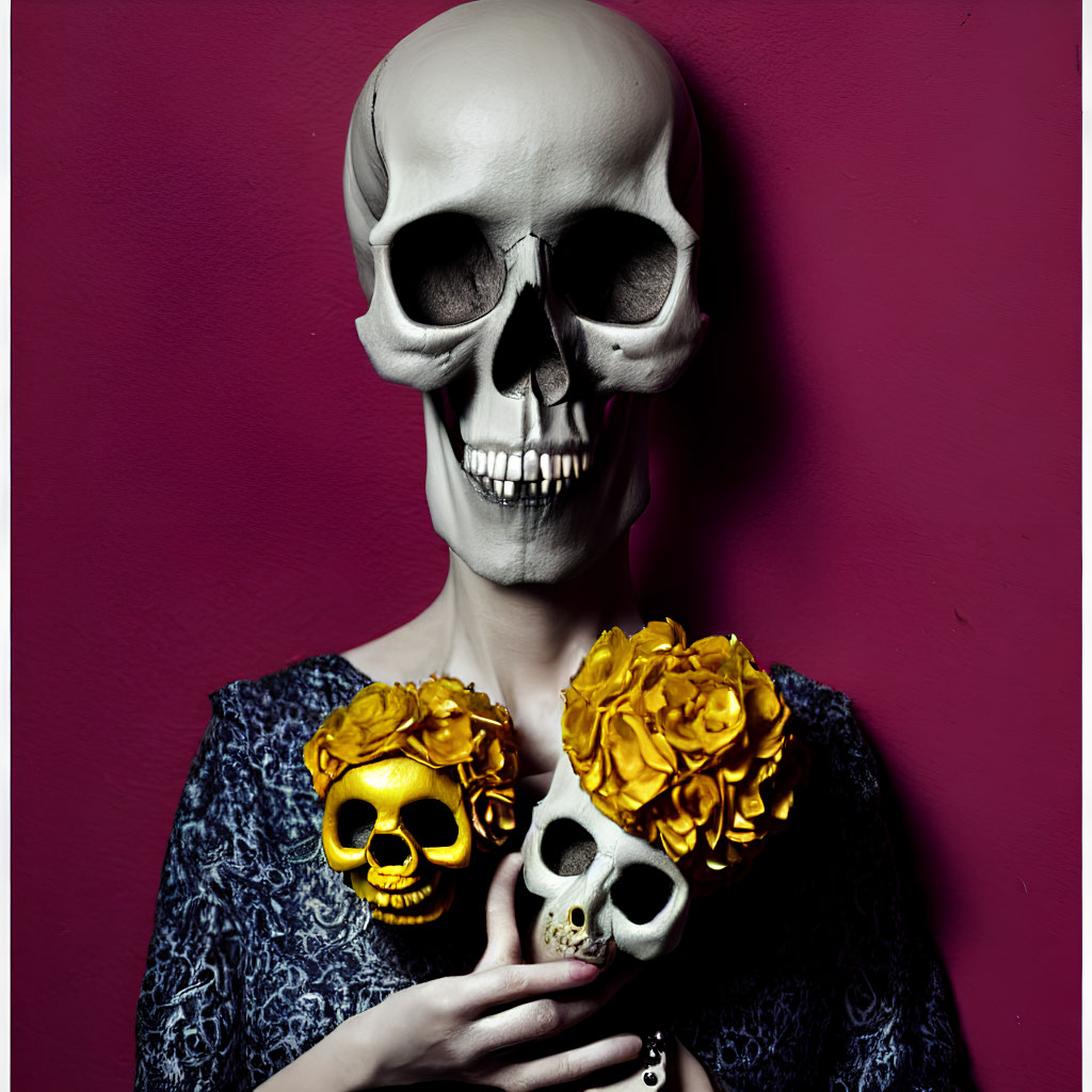 Person in large skull mask holding two smaller skull masks with golden flowers on bright pink background