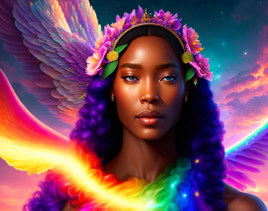 Digital Artwork of Woman with Multicolored Wings and Floral Crown