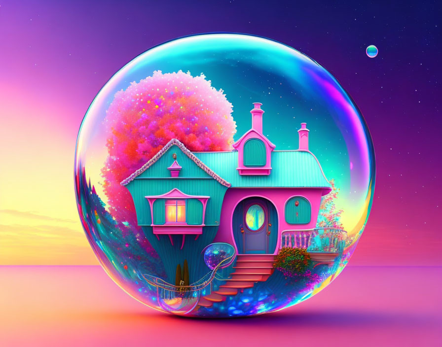 Colorful surreal digital art: whimsical house in bubble