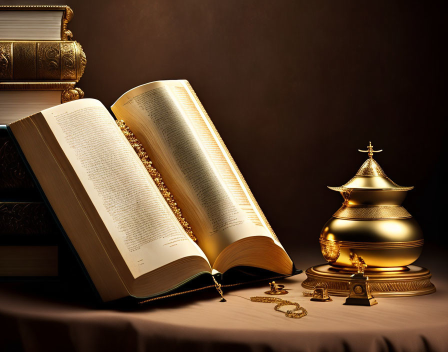 Open book with gilded edges on table with stacks of books, inkwell, quill, and