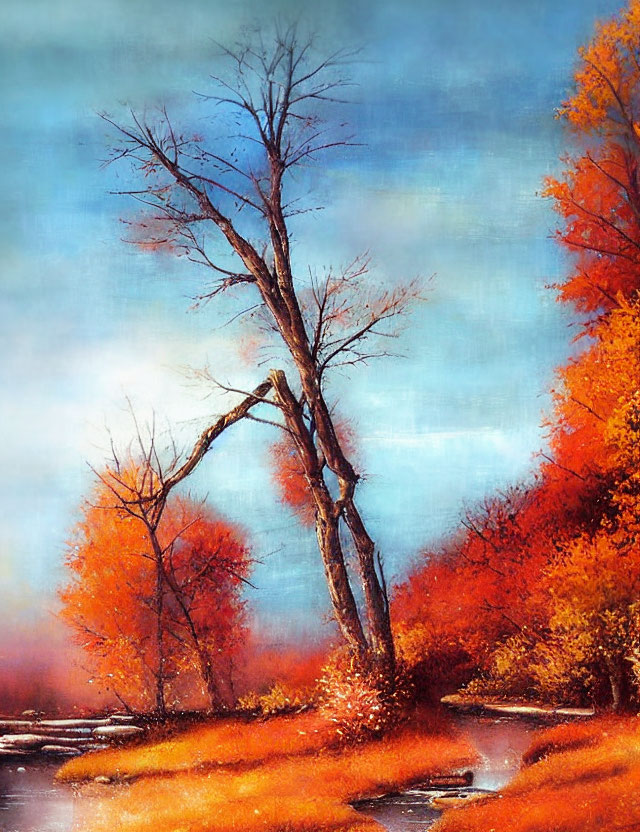 Autumn landscape: fiery-orange foliage, bare trees, tranquil river.