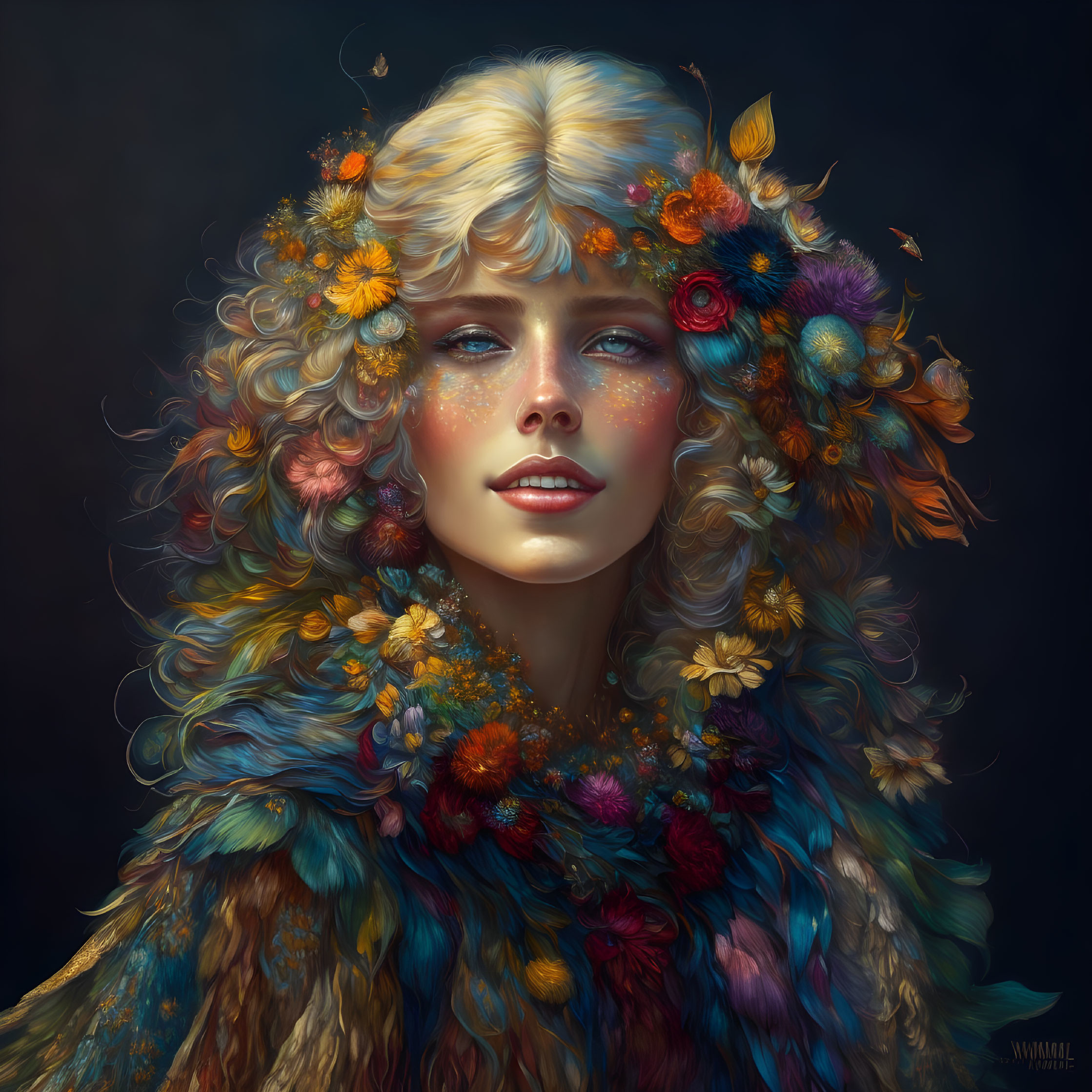 Portrait of woman with long wavy hair and colorful flowers, wearing feathered cloak.