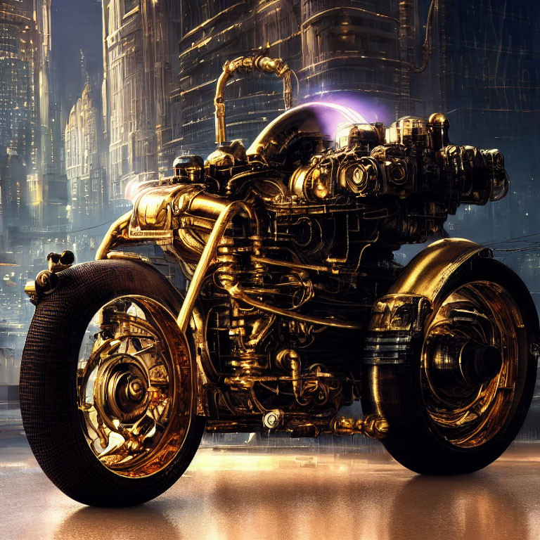 Futuristic Gold Motorcycle with Glowing Purple Elements in Cityscape