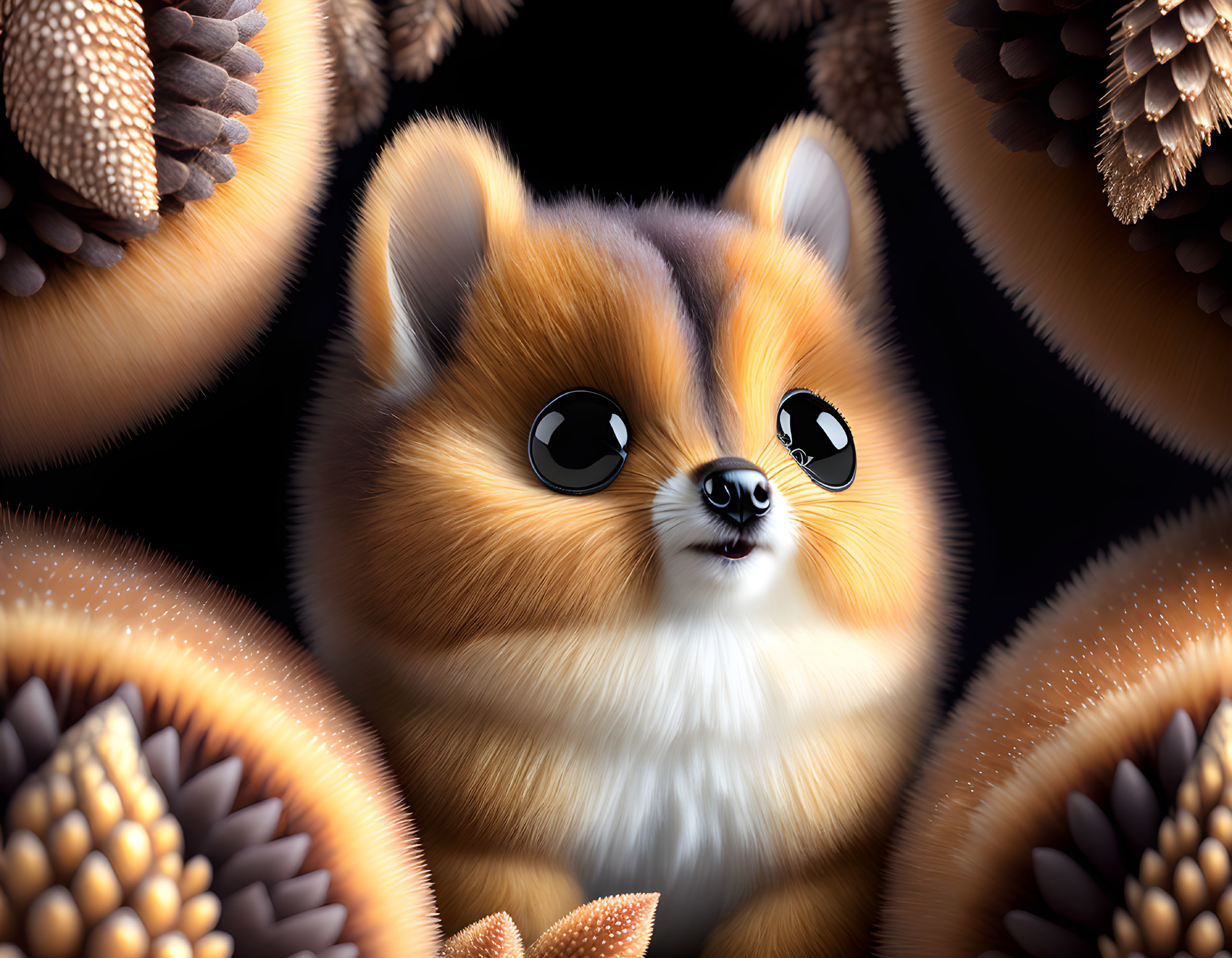 Wide-eyed fox surrounded by pine cones in curious pose